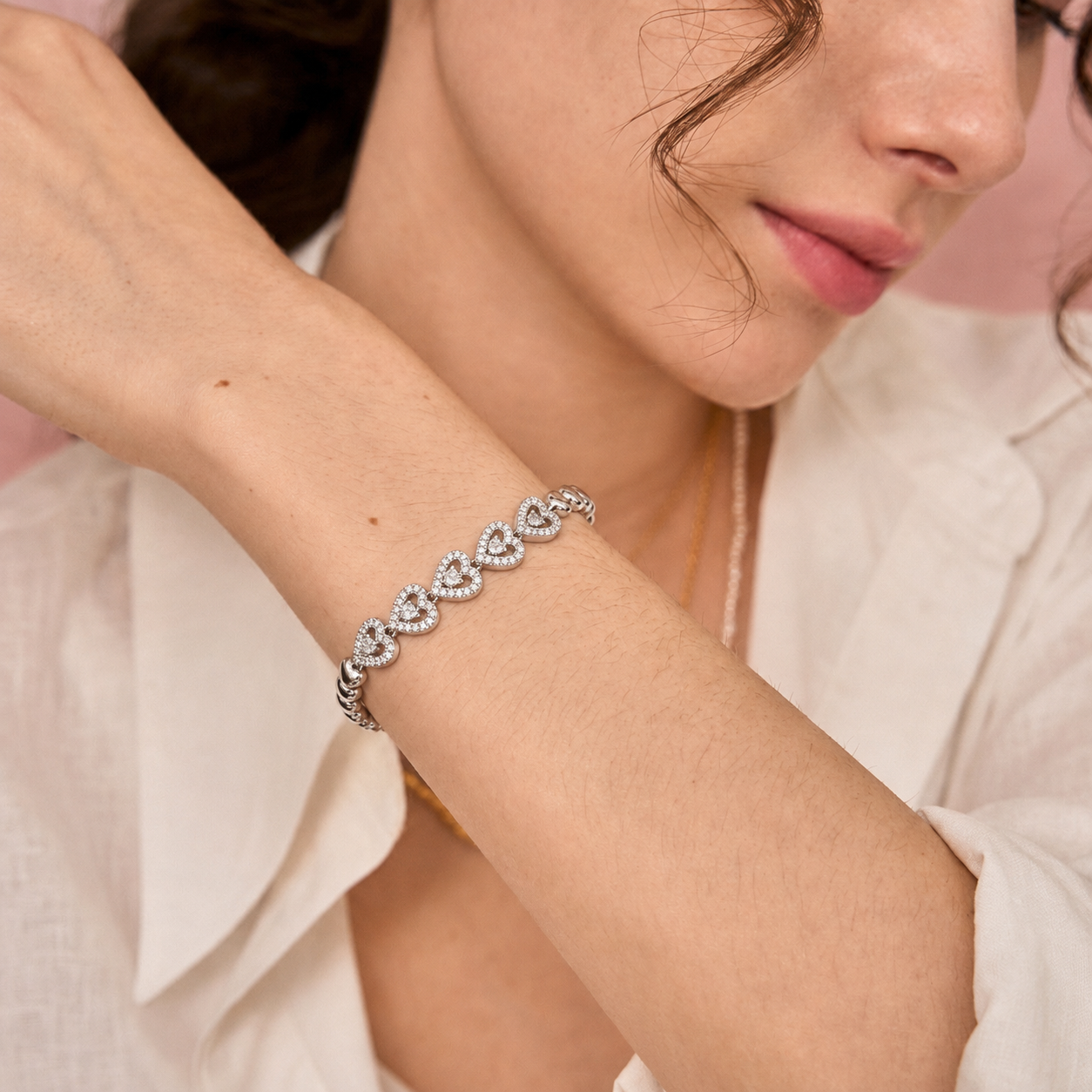 Connected Hearts Bracelet - minimal everyday bracelet, anti tarnish gold bracelet - View 3