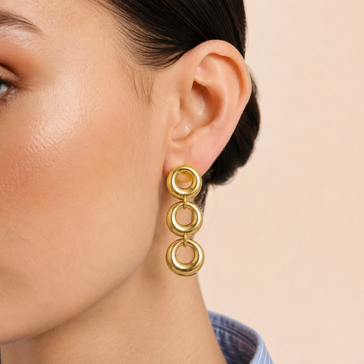 Triple Link Earrings - minimal everyday earrings, anti tarnish gold earrings - View 2