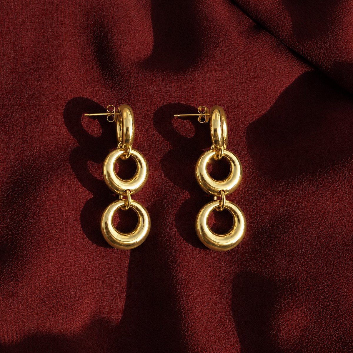 Triple Link Earrings - minimal everyday earrings, anti tarnish gold earrings - View 3