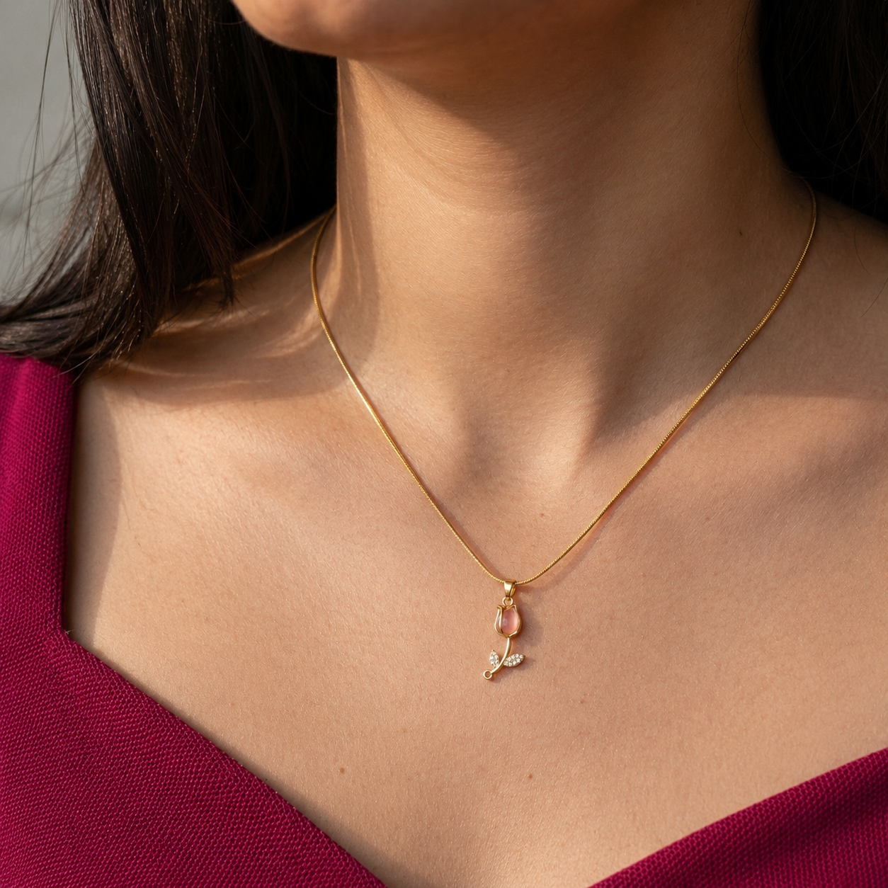 Blush Tulip Pendant - minimal everyday necklace, anti tarnish gold necklace - View 2