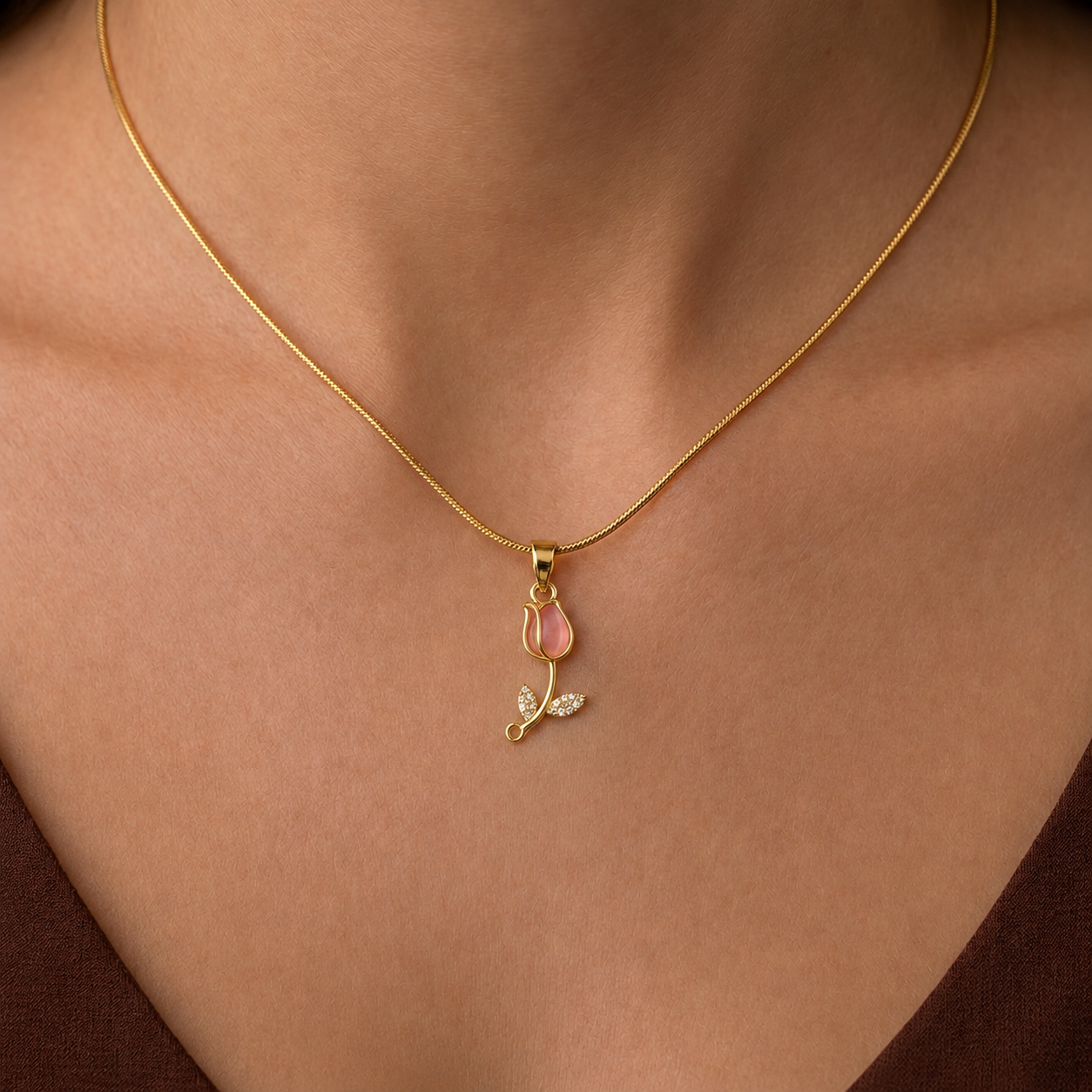 Blush Tulip Pendant - minimal everyday necklace, anti tarnish gold necklace - View 7