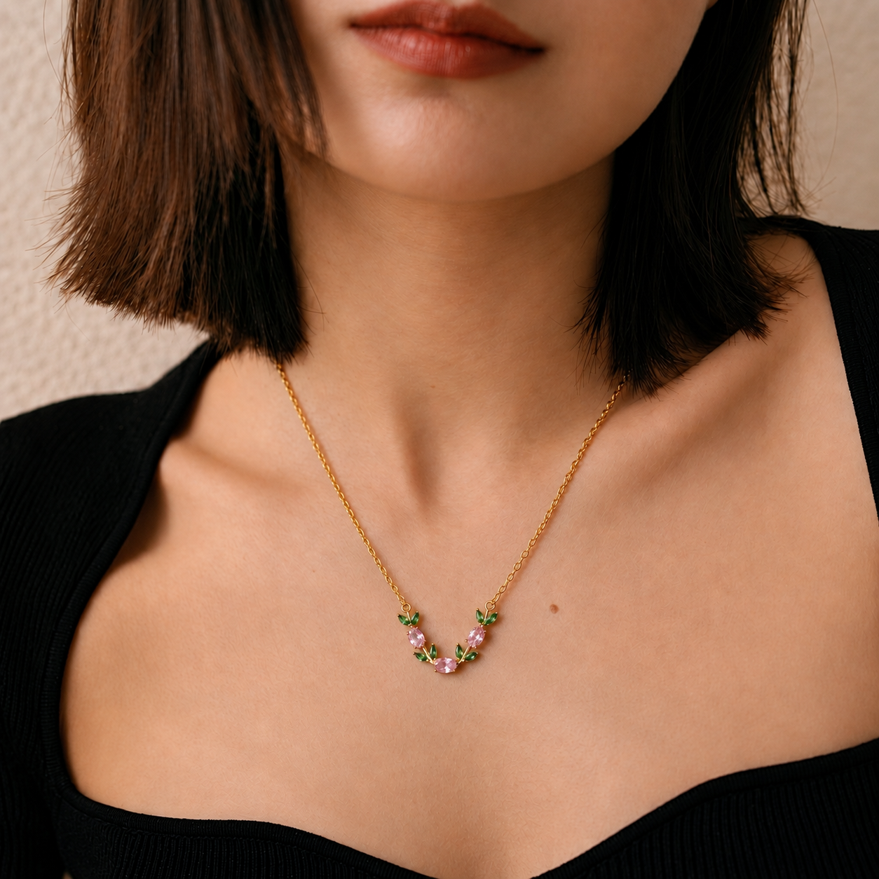 Tulip Bloom Necklace (Pink) - minimal everyday necklace, anti tarnish gold necklace - View 4