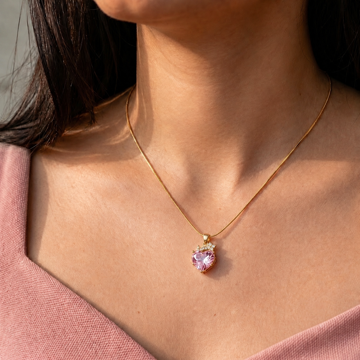 Blush Heart Pendant - minimal everyday necklace, anti tarnish gold necklace - View 4