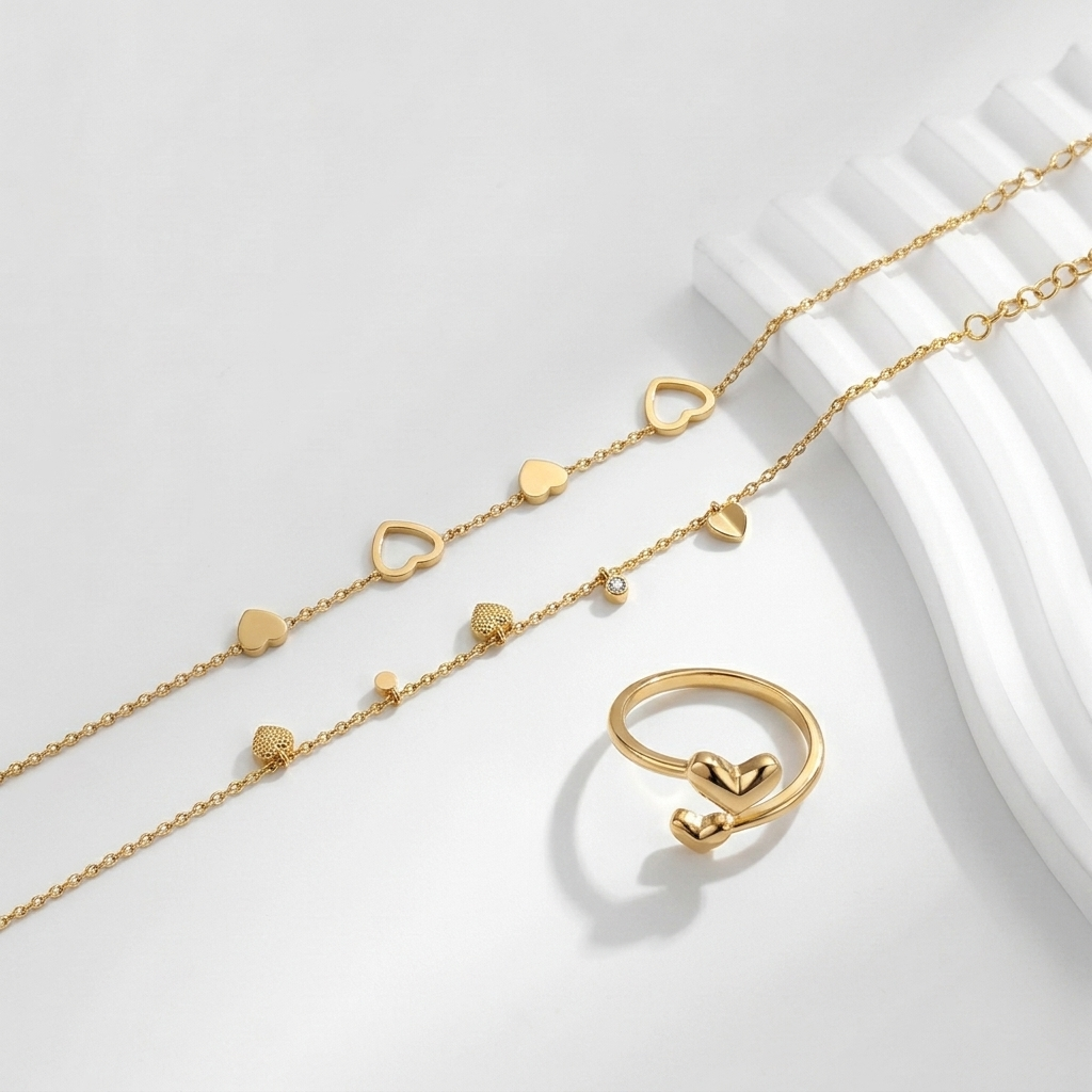 Golden Heart Collection - Combo - minimal everyday jewellery, anti tarnish gold jewellery